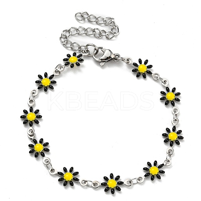 304 Stainless Steel Flower Link Chain Bracelets with Enamel BJEW-E088-02P-1