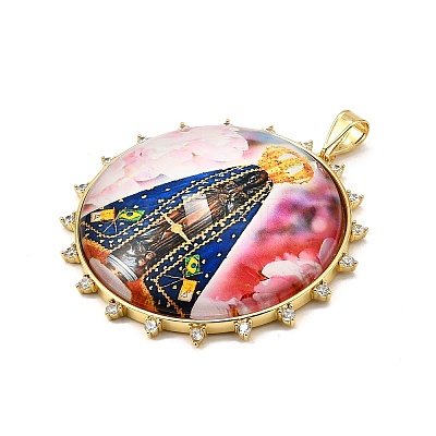 Rack Plating Brass Micro Pave Cubic Zirconia Glue Photographic Paper Pendants KK-D343-01G-1