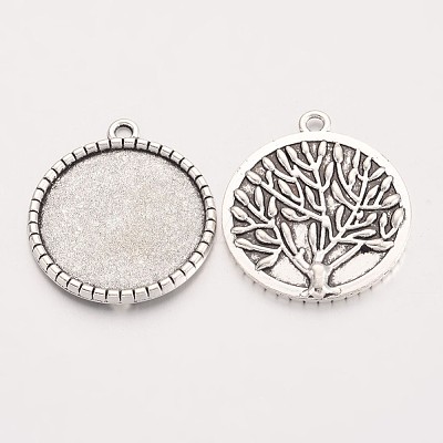Tibetan Style Flat Round Alloy Pendant Cabochon Settings TIBEP-Q049-19AS-RS-1