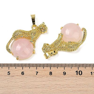 Natural Rose Quartz Ball with Leopard Shape Brass Pendants KK-F887-04G-25-1