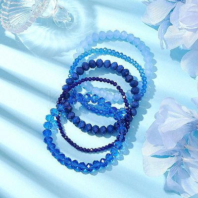 5Pcs 5 Styles Faceted Round Glass Beaded Stretch Bracelet Sets BJEW-JB10423-04-1
