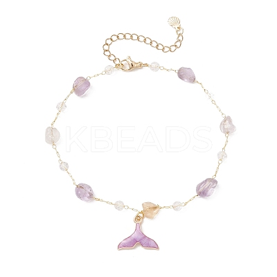 Brass Handmade Natural Amethyst Nuggets Link Chain Alloy Enamel Whale Tail Pendant Anklets for Women AJEW-AN00709-03-1