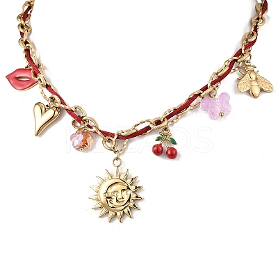 304 Stainless Steel Sun Heart Bees Red Enamel Lip Cherry Pendant Dark Red Cord Necklaces for Women NJEW-A063-09G-1