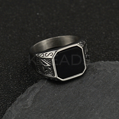 304 Stainless Steel with Natural Black Agate Finger Rings FS-WG06E27-21-1