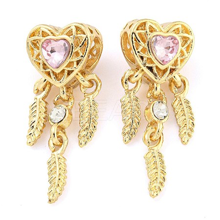 Rack Plating Alloy Pave Light Padparadscha Rhinestone Heart with Feather European Dangle Charms FIND-B034-19G-01-1