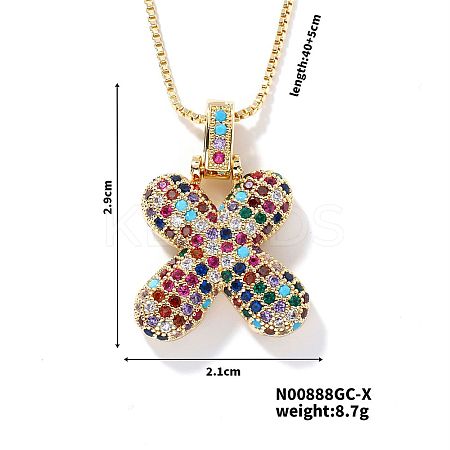 Brass Pave Colorful Cubic Zirconia Letter Pendant Box Chain Necklaces NU0575-24-1