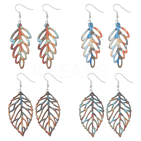 4 Pairs 4 Style Wood Hollow Leaf Dangle Earrings EJEW-FI0001-95-1