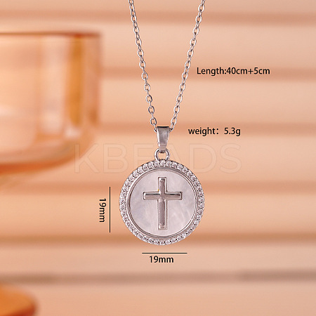 Brass Micro Pave Clear Cubic Zirconia Flat Round Cross Pendant Necklaces for Women FS-WG5A333-01-1