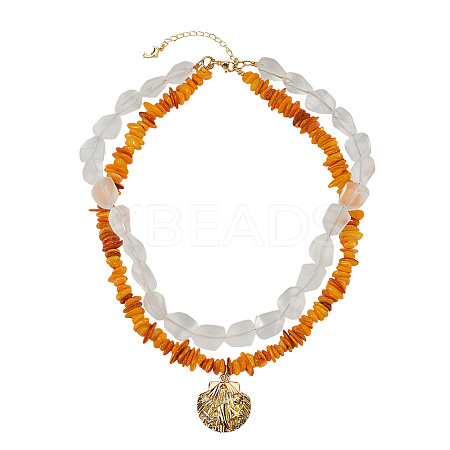 Dyed Natural Freshwater Shell Chip & Transparent Frosted Glass Nuggets Beaded Brass Shell Shaped Pendant Double Layer Necklaces NJEW-OC00005-1
