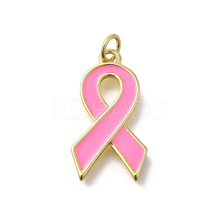 October Breast Cancer Pink Awareness Ribbon Brass Enamel Pendants LS-KK-S517-04F-G-1