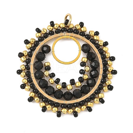 304 Stainless Steel & Brass & Dyed & Heated Natural Black Onyx & TOHO Glass Seed Beaded Pendants PALLOY-MZ01379-03-1