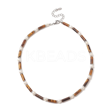 Natural Tiger Eye & Pearl & Crystal Rhinestone Beaded Necklace for Women NJEW-JN04209-03-1