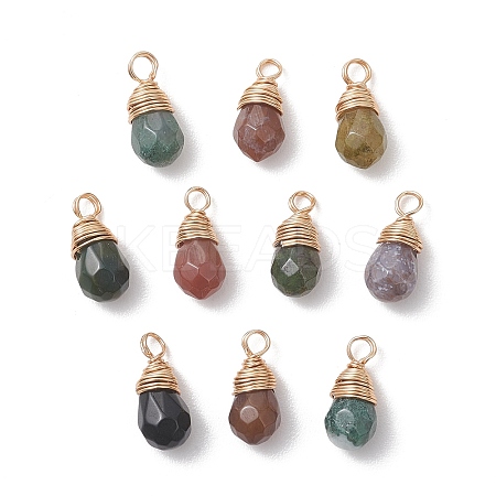 Copper Wire Wrapped Natural Indian Agate Faceted Teardrop Charms PALLOY-JF04948-1