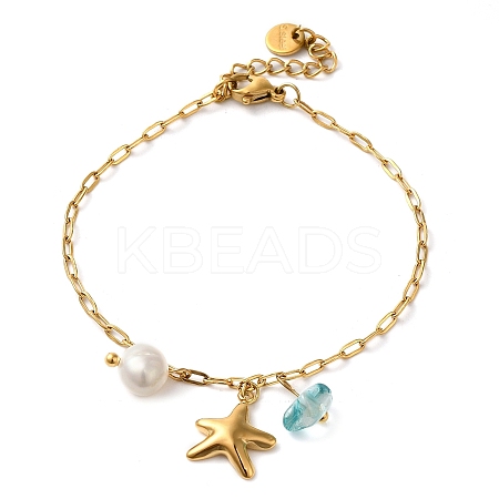Freshwater Pearl & Glass & Beach Starfish Charm Bracelets BJEW-K237-06G-04-1