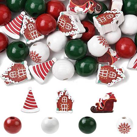 50Pcs 7 Styles Christmas Painted Wood Beads Set WOOD-FS0002-44-1