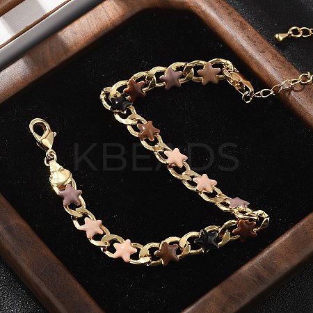 Star Brass Enamel Curb Chain Bracelets for Women BJEW-B125-02G-1