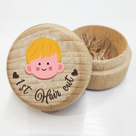 Round Beech Wooden 3D Engraved My First Curl Boy Box CON-WH0120-002-1