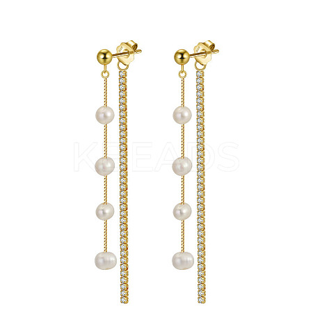 Cubic Zirconia & Pearl Beaded Front Back Stud Earrings EJEW-P231-21G-1