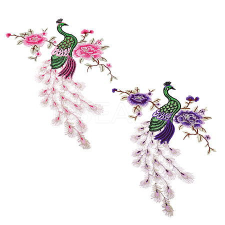 2Pcs 2 Colors Flower and Peacock Pattern Polyester Fabric Computerized Embroidery Cloth Sew on Appliques PATC-NB0001-16B-1