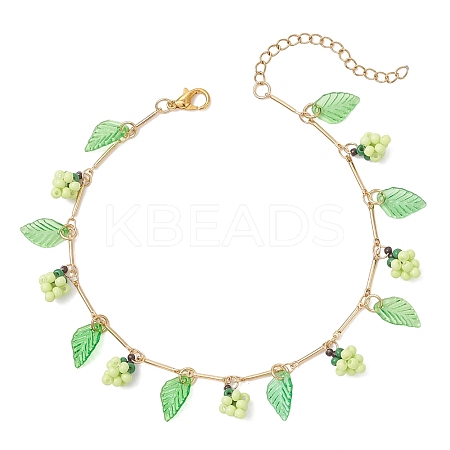 Acrylic Leaf & Glass Seed Beaded Grapes Tassel Brass Bar Link Chain Anklets for Women AJEW-MZ00008-02-1