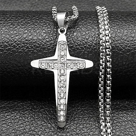 201 Stainless Steel Crystal Rhinestone Religion Cross Pendant Necklaces NJEW-H065-11P-1