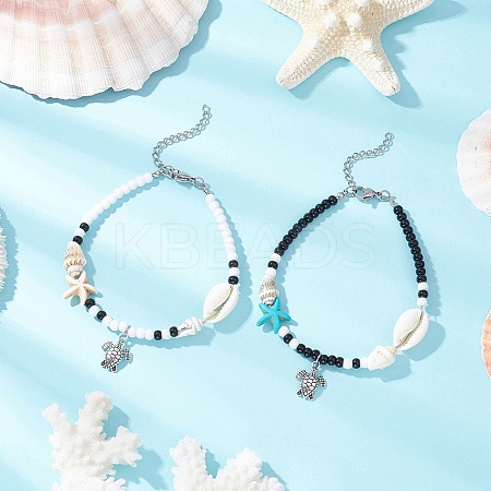 2Pcs 2 Styles Summer Beach Synthetic Turquoise Starfish & Natural Cowrie Shell & Glass Seed Round Beaded Alloy Turtle Charm Anklets AJEW-TA00038-1