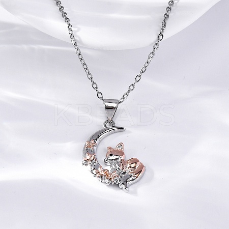 Brass Moon Fox Pendant Cable Chain Necklaces for Women NJEW-C067-02P-1
