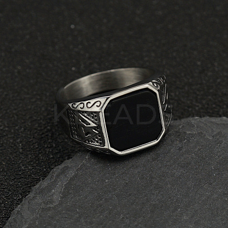 304 Stainless Steel with Natural Black Agate Finger Rings FS-WG06E27-21-1