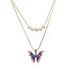 Alloy Enamel & Round Imitation Pearl Double Layered Butterfly Pendant Necklaces for Women WG304A4-01-3