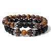 2Pcs 2 Styles Natural Tiger Eye & Black Obsidian Beads Stretch Bracelet Set for Women Men MO5189-1-1