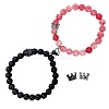 2Pcs Matching Natural Black Matte Stone & Strawberry Quartz Round Beads Stretch Bracelets PT6851-4-1