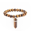 Natural Tiger Eye Round Beaded Stretch Bracelet with Bullet Shape Charm BJEW-JB08310-02-1