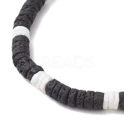 2Pcs 2 Styles Natural Lava Rock & White Shell Flat Round Beads Stretch Bracelets for Men Women BJEW-JB12462-1
