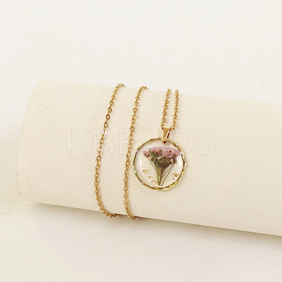 Alloy & Plastic Inner Flower Flat Round Pendant Necklaces FS-WG8915D-16-1