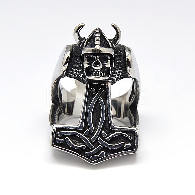 Personalized 304 Stainless Steel Skull with Thor's Hammer Wide Band Rings for Men RJEW-F018-05-1