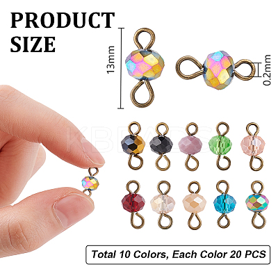 200Pcs 10 Colors  Faceted Rondelle Glass Connector Charms FIND-PH0021-24-1