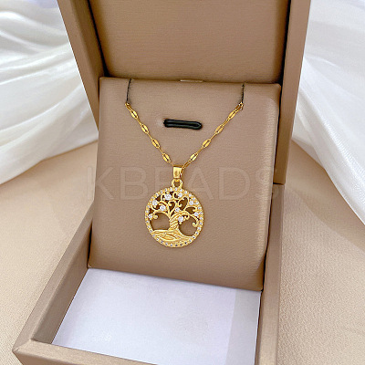 Brass Pave Full Cubic Zirconia Tree Of Life Pendant Necklaces LS-NJEW-D309-01G-B-1