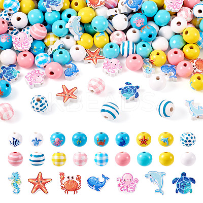 Ocean Themed Spray Painted Wood European Beads WOOD-TA0002-63-1
