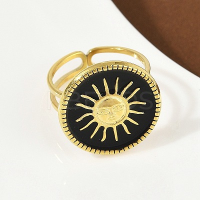Flat Round with Sun Pattern 304 Stainless Steel Enamel Finger Rings for Women RJEW-G355-05G-1