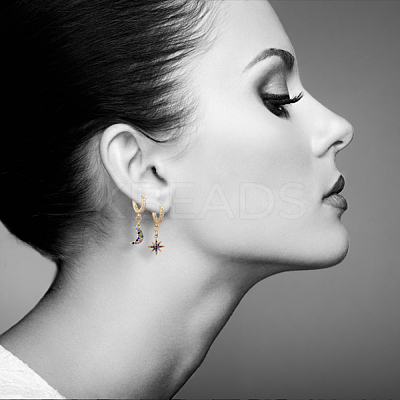 Star and Moon Asymmetrical Dangle Hoop Earrings EJEW-JE04031-01-1