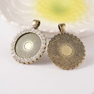 Flat Round Alloy Rhinestone Pendant Cabochon Settings ALRI-T351-01AB-NF-1