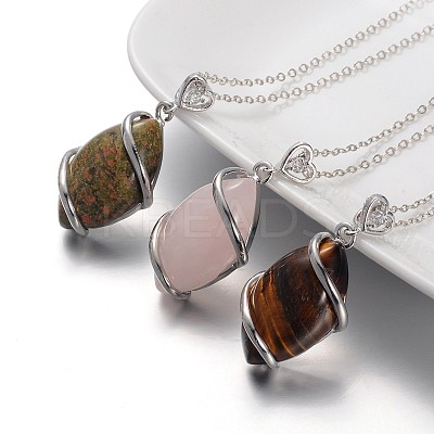 Horse Eye Platinum Plated Brass Rhinestone Gemstone Pendant Necklaces NJEW-JN01188-1
