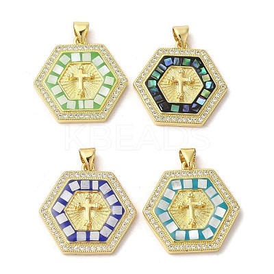 Cross Theme Brass Micro Pave Cubic Zirconia Pendants KK-K385-035G-1