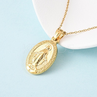 304 Stainless Steel Oval with Virgin Mary Pendant Necklaces for Women NJEW-B149-02G-1