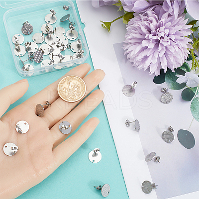 40Pcs 4 Styles Textured Flat Round 304 Stainless Steel Stud Earring Findings STAS-SP0001-54-1