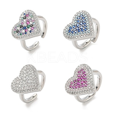 Heart Brass Micro Pave Cubic Zirconia Cuff Rings for Women RJEW-A069-12P-1