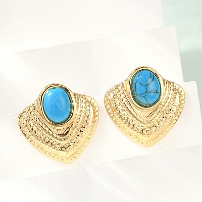 Fan 304 Stainless Steel Synthetic Turquoise Stud Earrings for Women EJEW-U046-17C-G-1