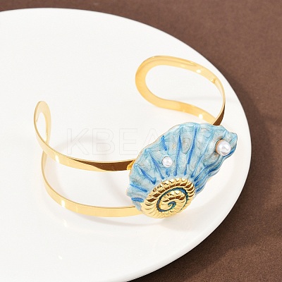 Shell Shape 304 Stainless Steel Enamel Cuff Bangles for Women BJEW-A049-04A-G-1
