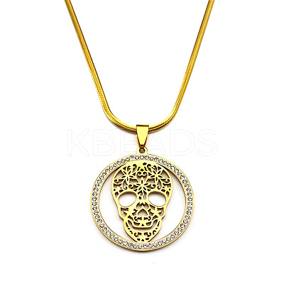 201 Stainless Steel Hollow Skull Pendant Necklaces NJEW-S007-25G-1