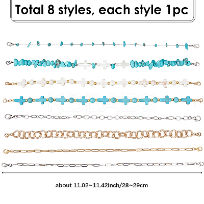 8Pcs 8 Styles Synthetic Turquoise Cross & Natural Trochid Shell & Natural Turquoise & Aluminum & 304 Stainless Steel Baseball Cap Chain HJEW-SC0002-39-1